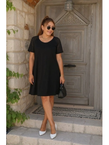 Kadın Kısa Kollu Yuvarlak Yaka şerit Kol Detaylı Viskon Elbise