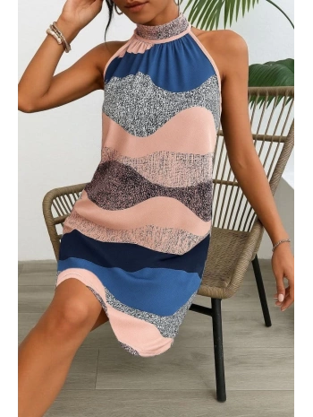 Kadın Kolsuz Boyundan Askılı Desenli Midi Süprem Elbise