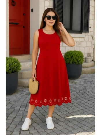 Kadın Kolsuz Etek Ucu Lazer Kesim çiçek Desenli Midi Boy Ithal Krep Elbise