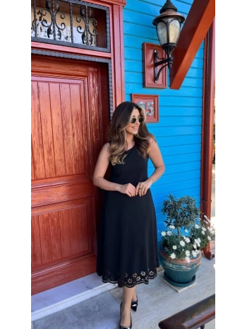 Kadın Kolsuz Etek Ucu Lazer Kesim çiçek Desenli Midi Boy Janjan Krep Elbise