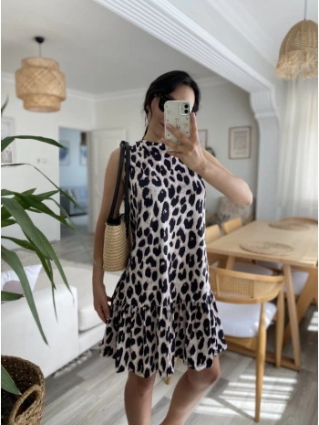 Kadın Kolsuz Sırttan Bağlamalı Fırfırlı Leopar Desenli Süprem Elbise