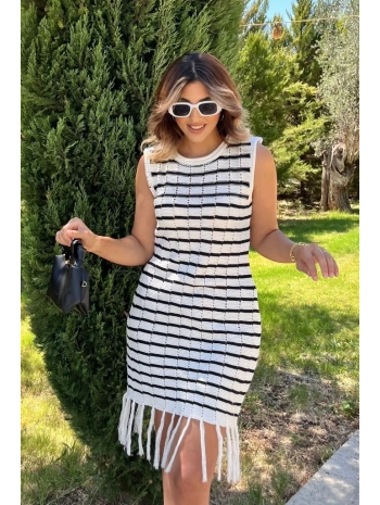 Kadın Kolsuz V Yaka Eteği Püsküllü çizgi Desen Triko Elbise