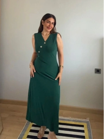 Kadın Kruvaze Yaka Düğme Detay Maxi Boy Elbise