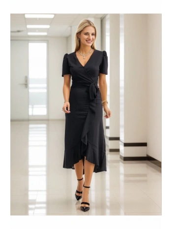 Kadın Kruvaze Yaka Midi Boy Kuşaklı Krep Elbise 120 Cm