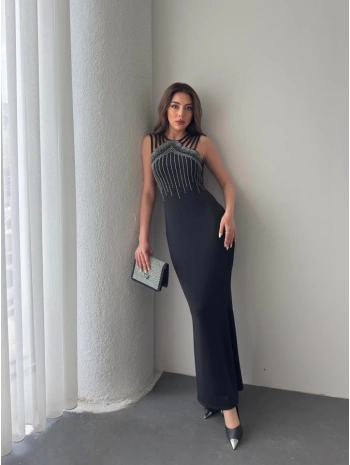 Kadın Omuz çoklu Askılı önü Taş Işlemeli Balık Kesim Janjan Krep Maxi Boy Elbise