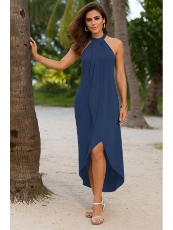 Kadın Omuzlardan Açık Boyundan Geçmeli Asimetrik Kesim Detaylı Viskon Elbise