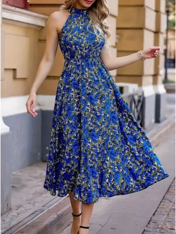 Kadın Omuzlardan Açık Daire Yaka Desenli Maxi Süprem Elbise