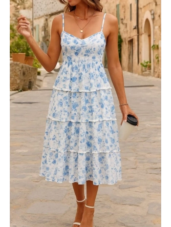 Kadın Sıfır Kol Askılı Dekolteli Yırtmaç Detay çiçek Baskılı Süprem Midi Elbise