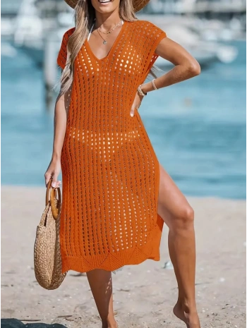 Kadın Sıfır Kol V Yaka Yanı Derin Yırtmaçlı Midi Boy Triko Elbise