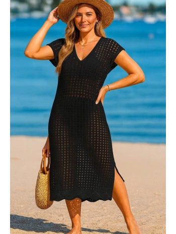 Kadın Sıfır Kol V Yaka Yanı Derin Yırtmaçlı Midi Boy Triko Elbise