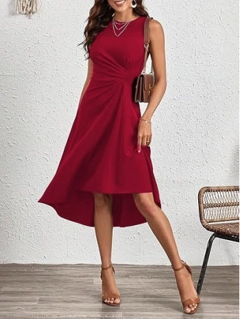 Kadın Sıfır Kollu Bisiklet Yaka Büzgülü Asimetrik Kesim Detaylı Janjan Krep Elbise