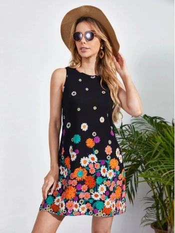 Kadın Sıfır Kollu Bisiklet Yaka çiçek Desenli Süprem Mini Elbise