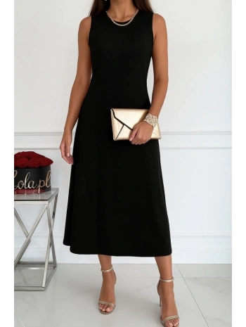 Kadın Sıfır Kollu Bisiklet Yaka Midi Viskon Iki Iplik Elbise