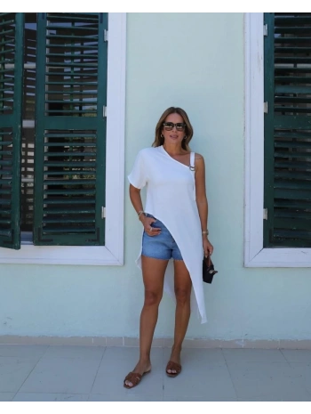 Kadın Tek Omuzu Açık Askılı Asimetrik Kesim Detaylı Bluz