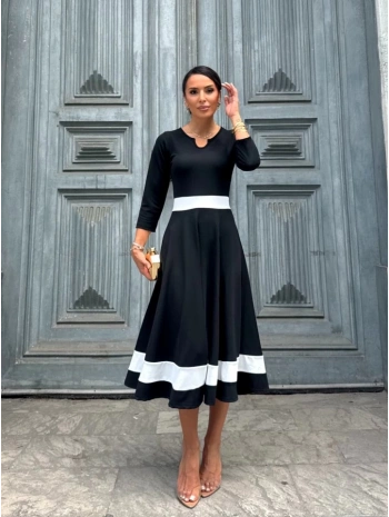 Kadın Truvakarkol Yakası Açık Blok Renkli Krep Midi Elbise