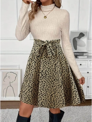 Kadın Uzun Kollu Balıkçı Yaka Belden Bağlamalı üst Kaşkorse Eteği Dalgıç Elbise