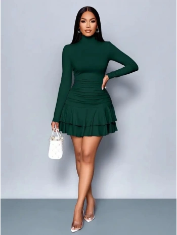 Kadın Uzun Kollu Balıkçı Yaka Mini Fırfırlı Sandy Elbise