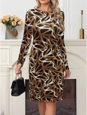 Kadın Uzun Kollu Bisiklet Yaka Desenli Dalgıç Kısa Elbise