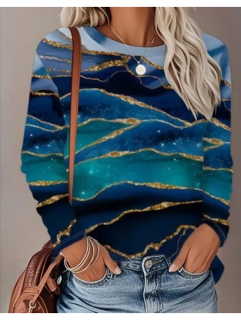 Kadın Uzun Kollu Bisiklet Yaka Desenli Modal Bluz