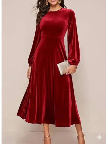 Kadın Uzun Kollu Bisiklet Yaka Midi Kadife Elbise