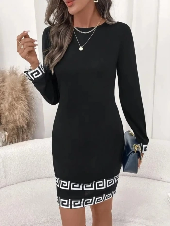 Kadın Uzun Kollu Bisiklet Yaka Mini Ithal Krep Elbise