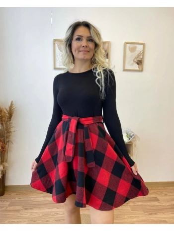 Kadın Uzun Kollu Bisiklet Yaka üst Viskon Alt Ekose Kısa Elbise