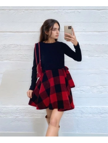 Kadın Uzun Kollu Bisiklet Yaka üst Viskon Alt Ekose Kısa Elbise