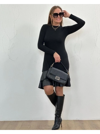 Kadın Uzun Kollu Bisiklet Yaka üst Viskon Etek Ucu Deri Kısa Elbise