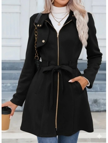 Kadın Uzun Kollu Boyundan Düğmeli Fermuarlı Beli Kuşaklı Süet Ceket