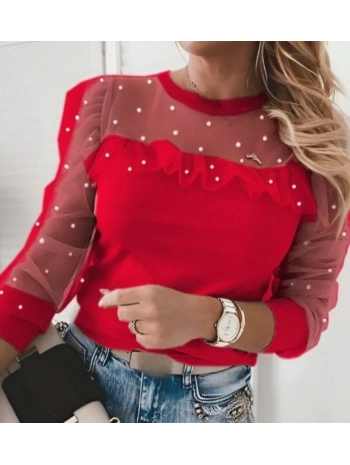 Kadın Uzun Kollu Inci Detaylı Tüllü Viskon Bluz