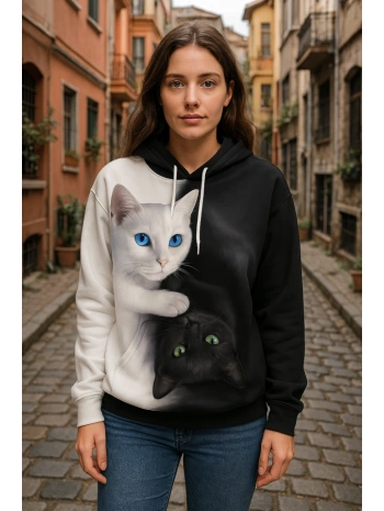 Kadın Uzun Kollu Kapşonlu Bağcıklı Kedi Desenli şardonlu Dalgıç Bluz