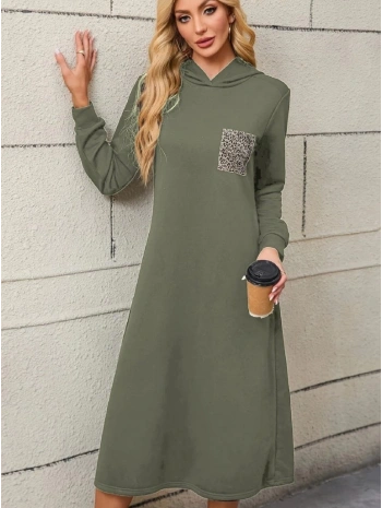 Kadın Uzun Kollu Kapşonlu Cep Detaylı Viskon Iki Iplik Maxi Elbise