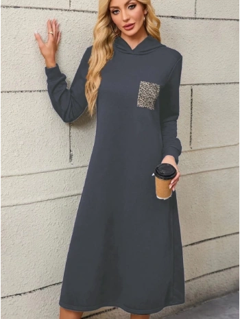 Kadın Uzun Kollu Kapşonlu Cep Detaylı Viskon Iki Iplik Maxi Elbise