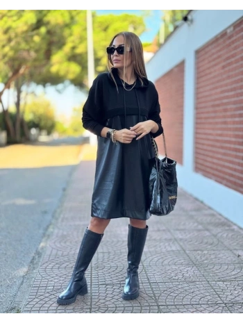 Kadın Uzun Kollu Kapüşon Ve Deri Detay Diz üstü Elbise
