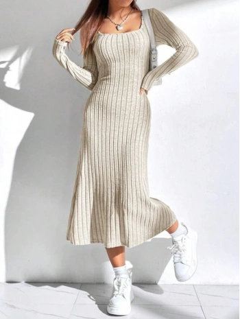 Kadın Uzun Kollu Kare Yaka Midi Kaşkorse Elbise