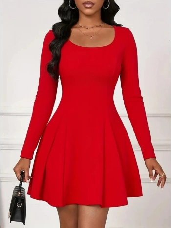 Kadın Uzun Kollu Kare Yakalı Mini Ithal Krep Elbise