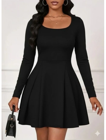 Kadın Uzun Kollu Kare Yakalı Mini Ithal Krep Elbise