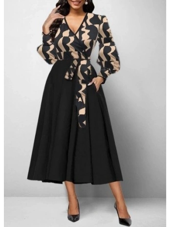 Kadın Uzun Kollu Kruvaze Yaka Dalgıç Krep Midi Boy Elbise