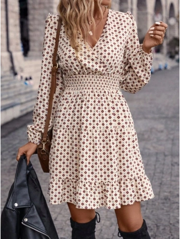 Kadın Uzun Kollu Kruvaze Yaka Desenli Mini Modal Elbise