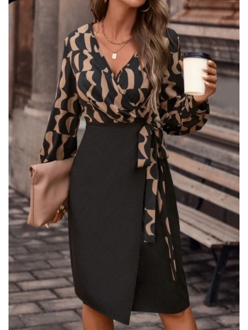 Kadın Uzun Kollu Kruvaze Yaka Dijital Baskılı Fiyonk Detay Atlas Kumaş Elbise