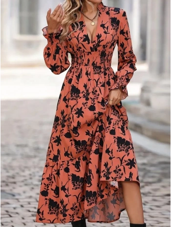 Kadın Uzun Kollu Kruvaze Yakalı çiçek Desenli Maksi Süprem Elbise