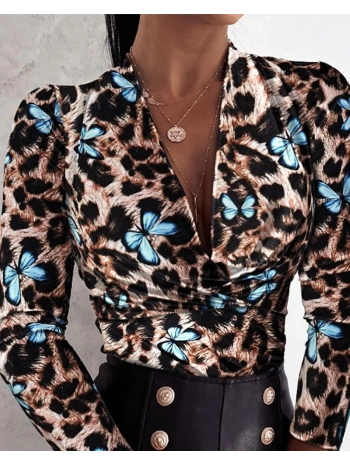 Kadın Uzun Kollu Kruvaze Yakalı Kelebek Desenli şardonlu Dalgıç Bluz