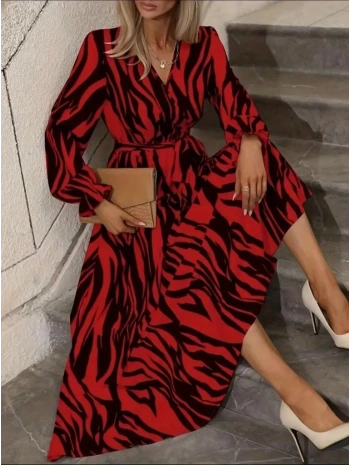 Kadın Uzun Kollu Kruvaze Yakalı Kuşaklı Zebra Desenli Süprem Maxi Elbise