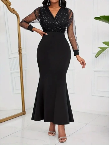 Kadın Uzun Kollu Kruvaze Yakalı Taş Ve Tül Detaylı Uzun Ithal Krep Elbise