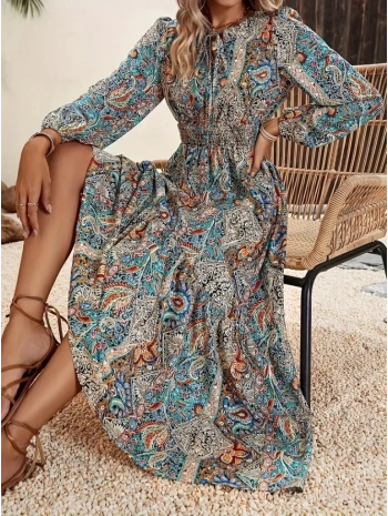 Kadın Uzun Kollu Uakadabağcıklı Beli Lastikli Desenli Uzun Süprem Elbise