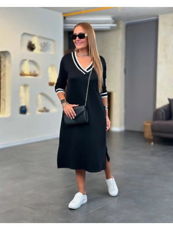 Kadın Uzun Kollu V Ribana Yakalı Yanlardan Yırtmaçlı Midi Viskon Iki Iplik Elbise