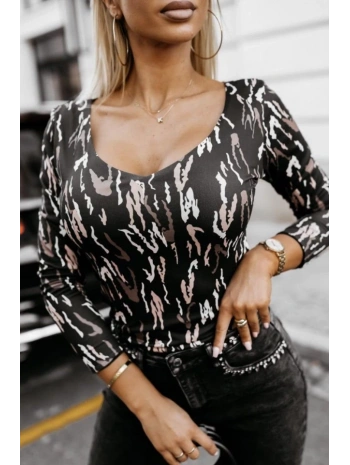 Kadın Uzun Kollu V Yaka Desenli Mikro Kumaş Bluz