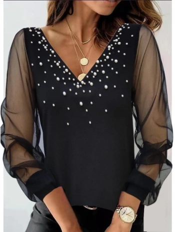 Kadın Uzun Kollu V Yaka Kolları Tül Yaka Kenarı Ve Göğüs Inci Detay Krep Bluz