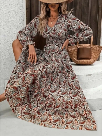 Kadın Uzun Kollu V Yakalı Beli Lastikli Desenli Süprem Elbise