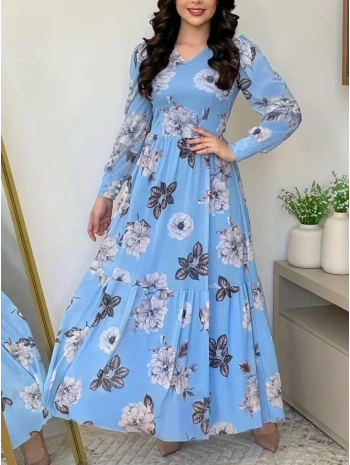 Kadın Uzun Kollu V Yakalı çiçek Desenli Maxi Süprem Elbise